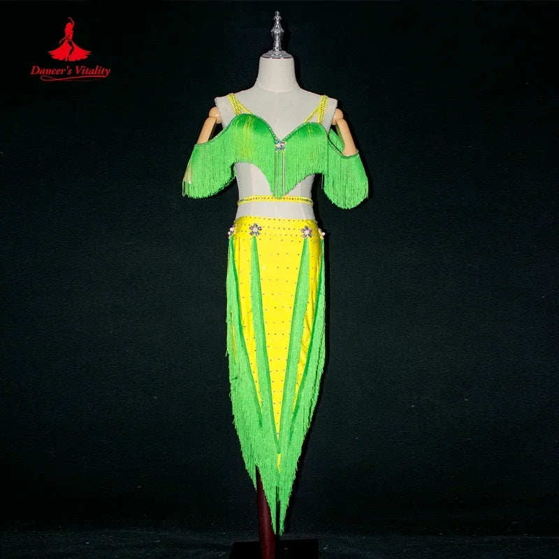 Women's Hot Pink Fringe Sequin Asymmetrical Skirt Latin Dance Dress