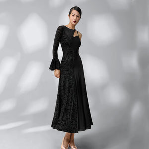 Women's Black Asymmetrical One-Shoulder Mesh Panel Leaf Pattern Latin Ballroom Dance Dress
