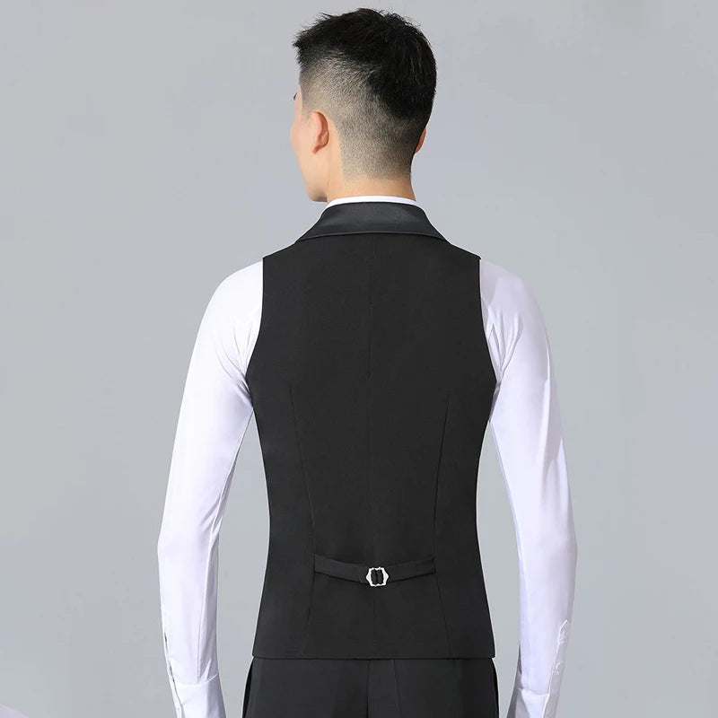 Men's White Long Sleeve Ballroom Dance Shirt with Black Vest, Latin Dance