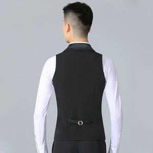 Men's White Long Sleeve Ballroom Dance Shirt with Black Vest, Latin Dance
