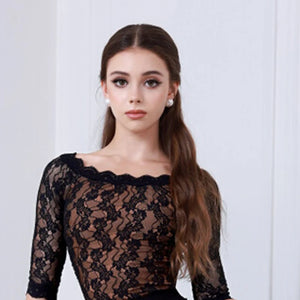 Women's Black Lace & Chiffon Ballroom Dance Dress with Ruched Waist and Tiered Skirt