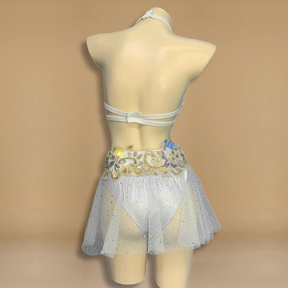 Belly Dance Women's White and Gold Sequin and Rhinestone Halter Top and Skirt Set with Sheer Overlay, Bellydance Performance Costume