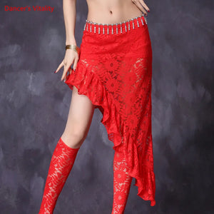 Belly Dance Skirt Women's Black Lace Asymmetrical Ruffled High-Slit Skirt with Hip Scarf and Leggings for Belly Dance Performance