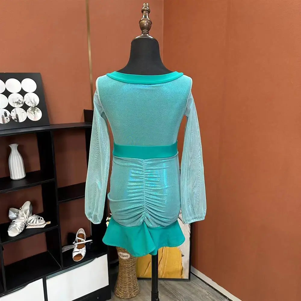 Girls' Aqua Green Shimmer Long Sleeve Ruched Skirt Dance Dress - Latin/Ballroom