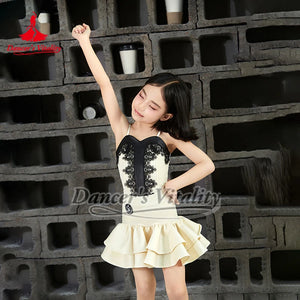 Girls' Ivory & Black Lace Spaghetti Strap Ruffle Latin Dance Dress