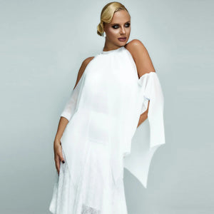 Women's White Chiffon & Lace Halter Neck Asymmetrical Overlay Ballroom Dance Dress