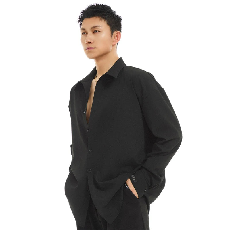 Men's Black Oversized Button-Down Shirt, Loose Fit