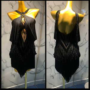Women's Black Beaded Fringe Latin Dance Dress with Halter Neck and Open Back