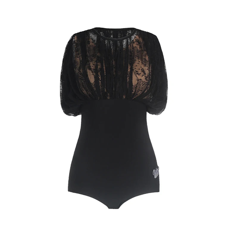 Women's Black Lace & Solid Leotard with Short Sleeves for Ballroom Dance