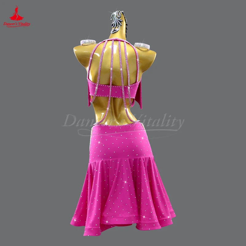 Women's Fuchsia Halter Fringe Rhinestone Pearl Latin Dance Dress