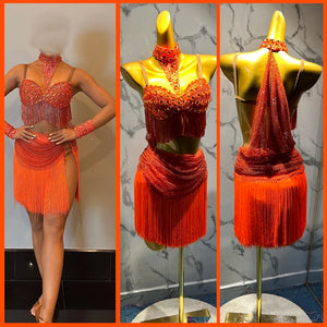 Women's Orange Rhinestone Fringe Latin Dance Dress with Choker and Arm Cuffs
