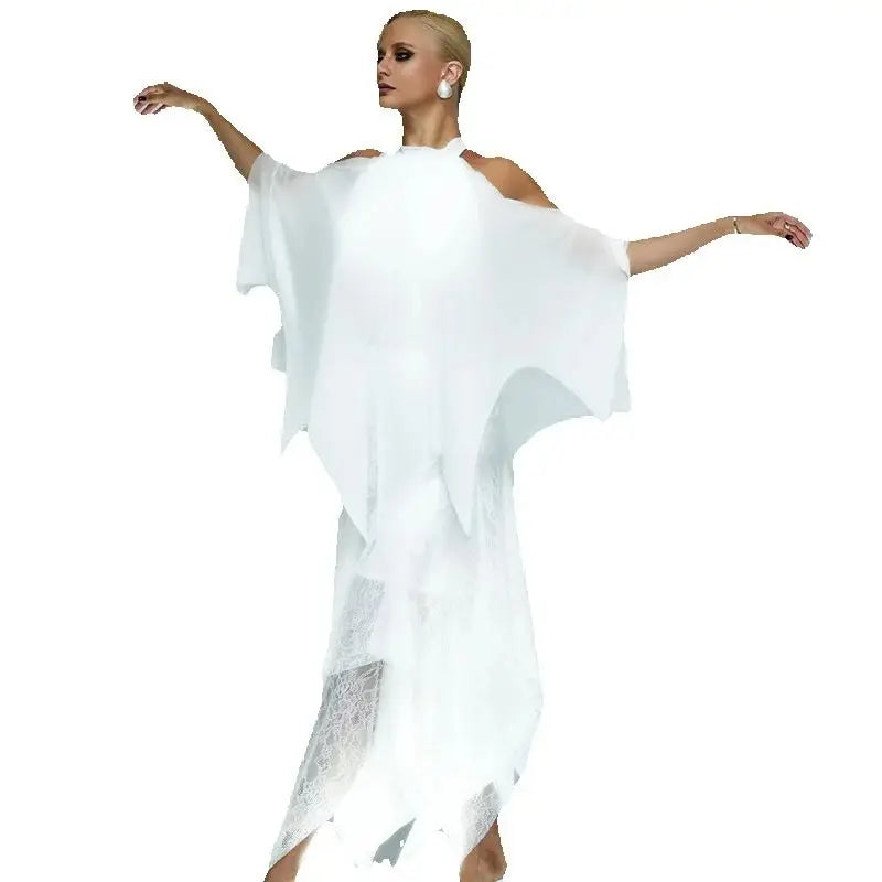 Women's White Chiffon & Lace Halter Neck Asymmetrical Overlay Ballroom Dance Dress
