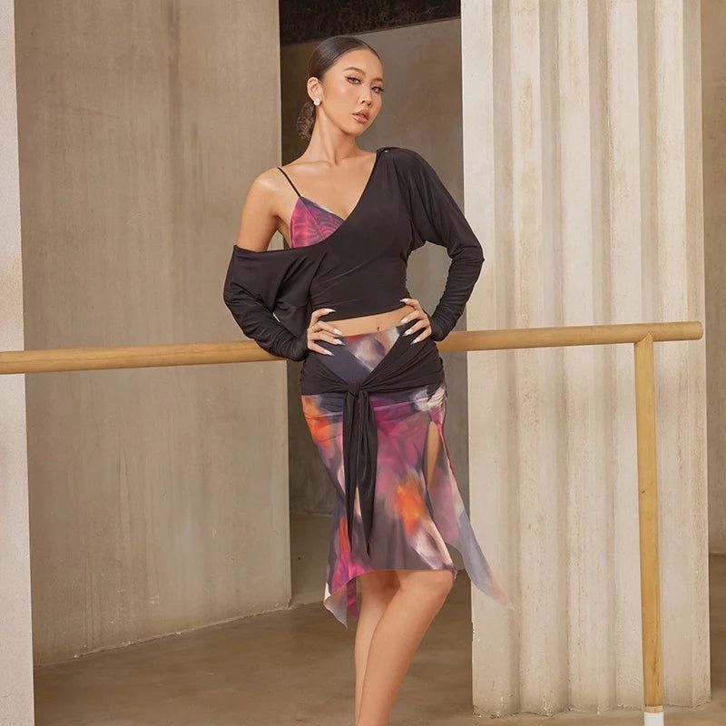 Dance Top and Skirt Set Women's Black and Multi-color Abstract Print Mesh Asymmetrical Hem Latin Dancewear