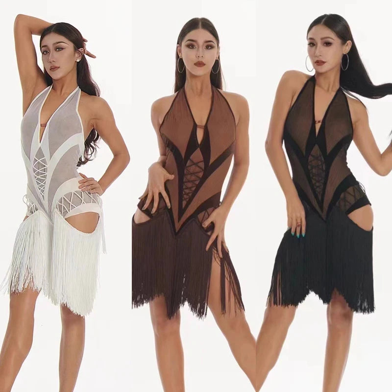 Latin Dance Dress, Women's White, Brown, Black Mesh Halter Fringe Lace-Up Bodysuit