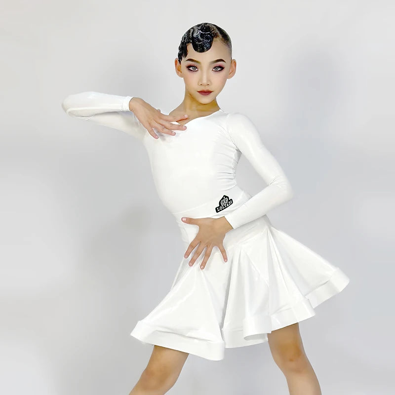 Girls' Latin Dance Dress, Patent Leather, Long Sleeve, V-Neck, Ballroom & Latin Dance