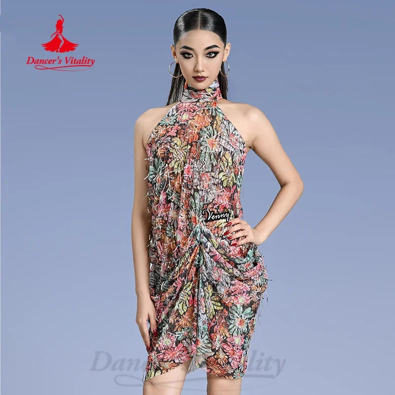 Ballroom Dance Dress Women's Multicolor Halter Neck Fringe Ruffle Latin Salsa Cha-Cha Rumba Performance Costume