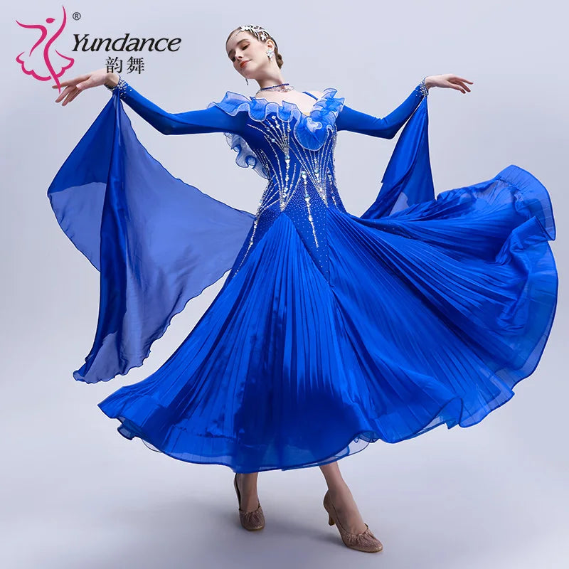 Women's Long Standard Ballroom Dance Dress With Rhinestones In Pleated Fabric For Performance