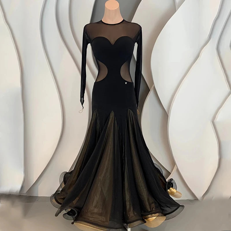 Women's Black & Gold Sheer Mesh Sweetheart Cutout Long Sleeve Ballroom Dance Dress