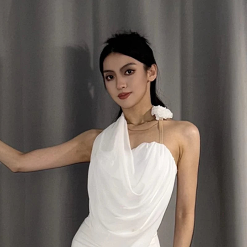 Women's White Halter Neck Ruffled Mesh Hem Latin Dance Dress