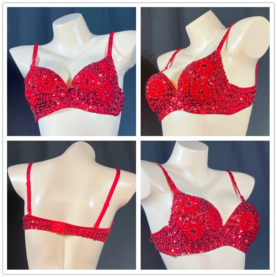 Sequin Beaded Dance Bra Top, Women's, Pink, Blue, Purple, Black, Embellished, Belly Dance