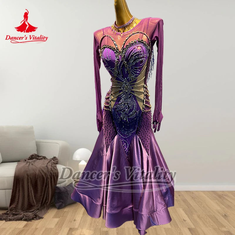 Women's Purple Ballroom Dance Dress, Rhinestone Beaded Mesh Long Sleeve Open Back Satin Gown