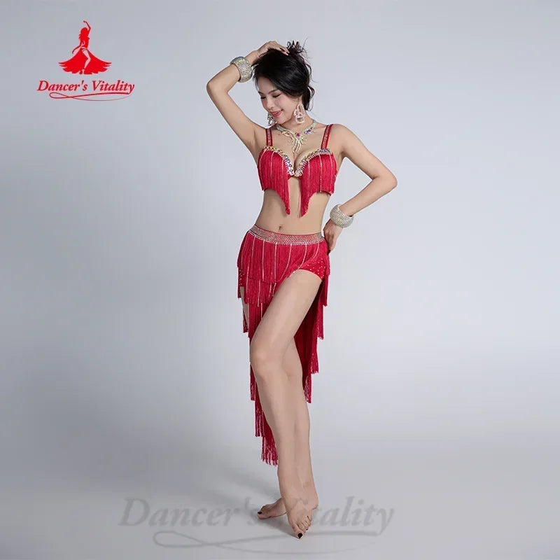 Women's Belly Dance Competition Costume Set With AB Rhinestone Bra and Tassel Split Skirt