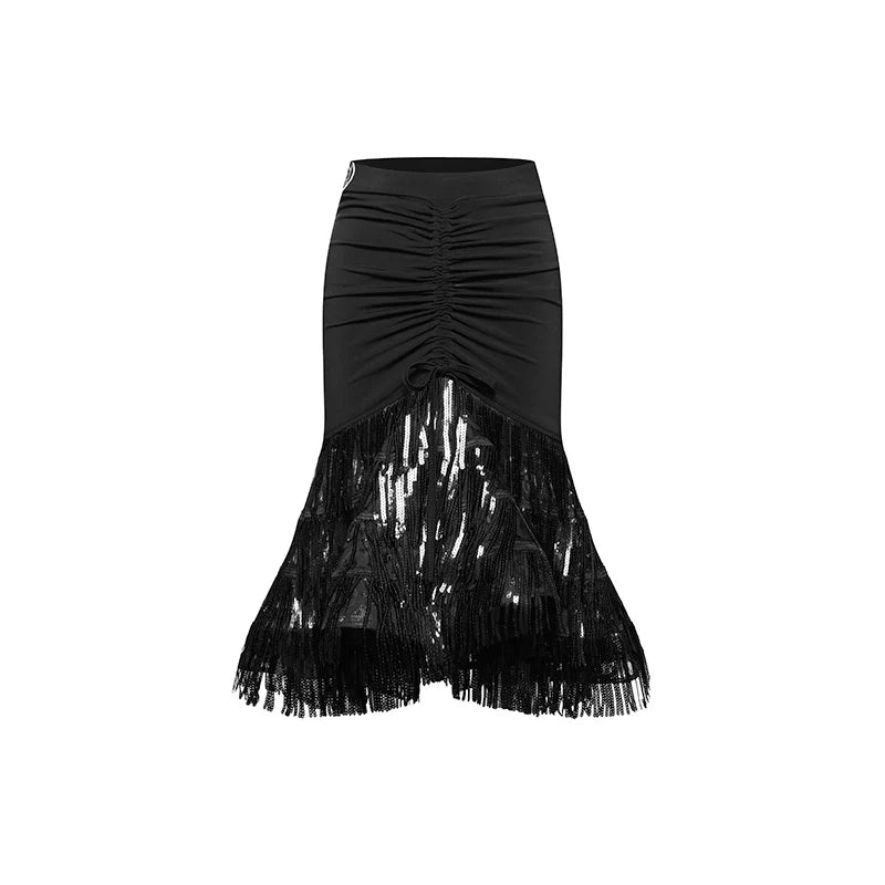 Latin Dance Dress Women's Black Long Sleeve Asymmetrical Top with Tie-Front, Ruched Fringe Sequin Skirt Set