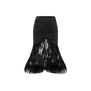 Latin Dance Dress Women's Black Long Sleeve Asymmetrical Top with Tie-Front, Ruched Fringe Sequin Skirt Set