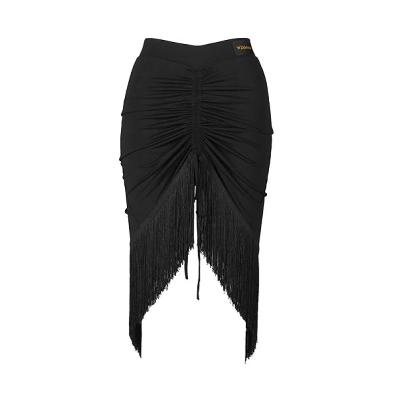 Women's Black Ruched Fringe Asymmetrical Latin Dance Skirt