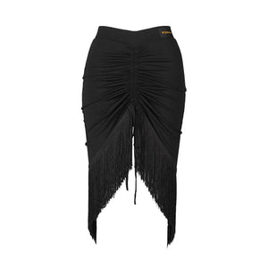 Women's Black Ruched Fringe Asymmetrical Latin Dance Skirt