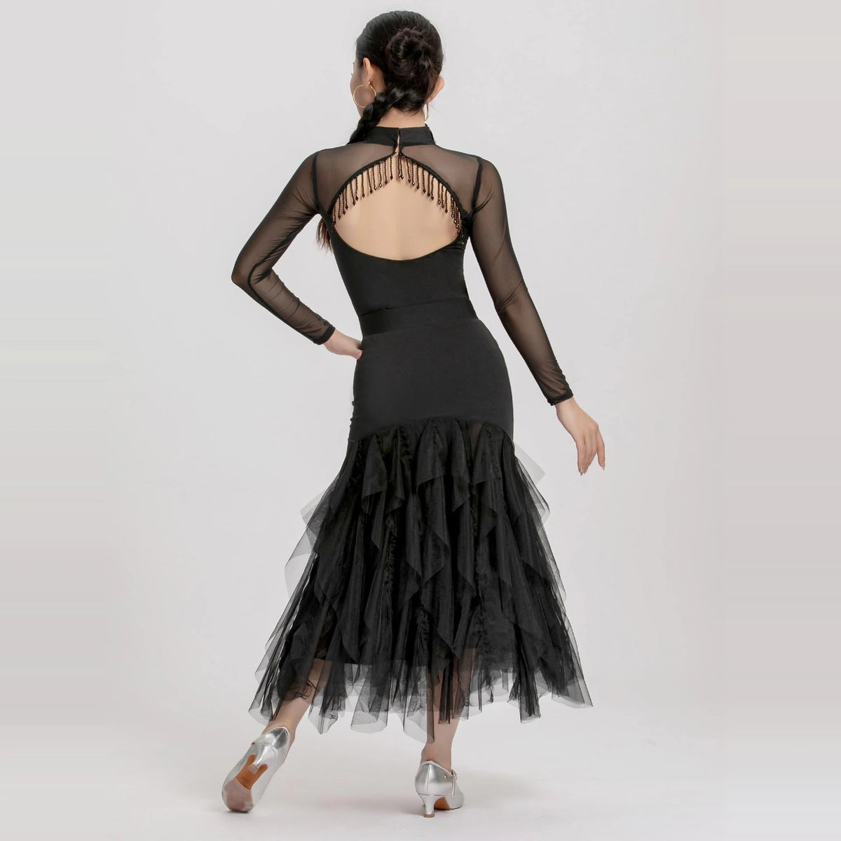 Ballroom Dance Dress Women's Black Mesh Long Sleeve V-Neck Ruffle Skirt with Belt, Latin Dance