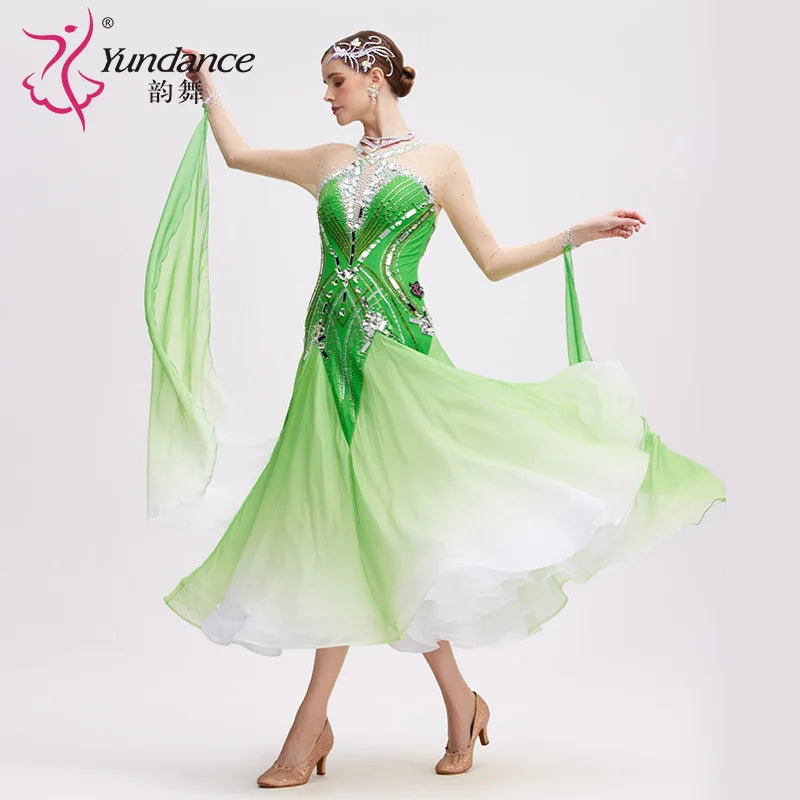 Women's Ballroom Dance Dress International Standard Chiffon White-Green Ombre For Adult Stage Performance