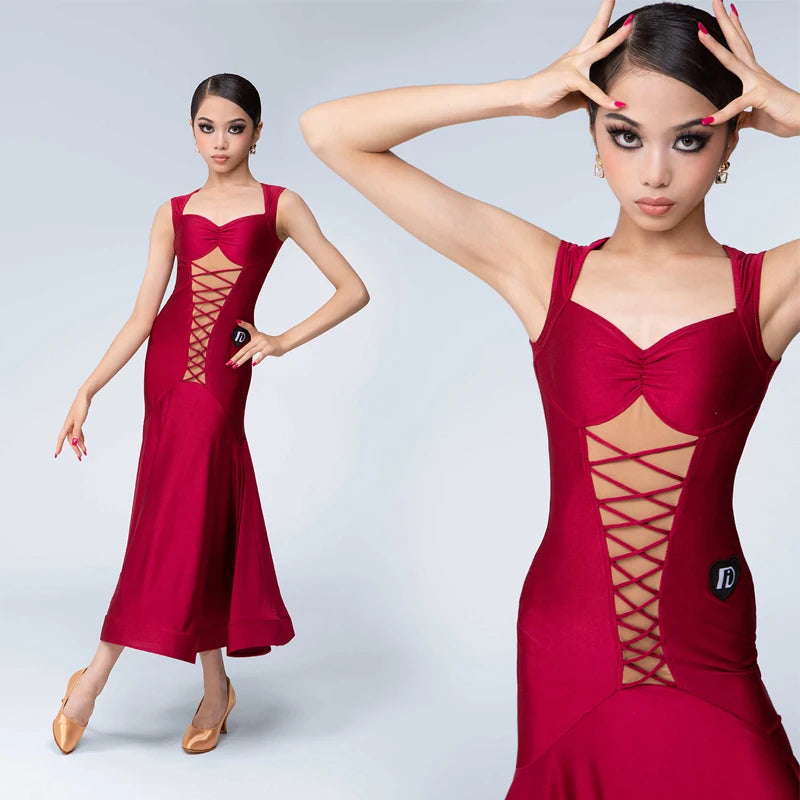 Women's Red Lycra Mesh Lace-Up Latin Ballroom Dance Dress