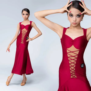 Women's Red Lycra Mesh Lace-Up Latin Ballroom Dance Dress
