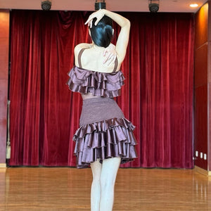 Women's Brown Ruffled Mesh Lace Latin Dance Dress - Salsa, Rumba, Cha-Cha