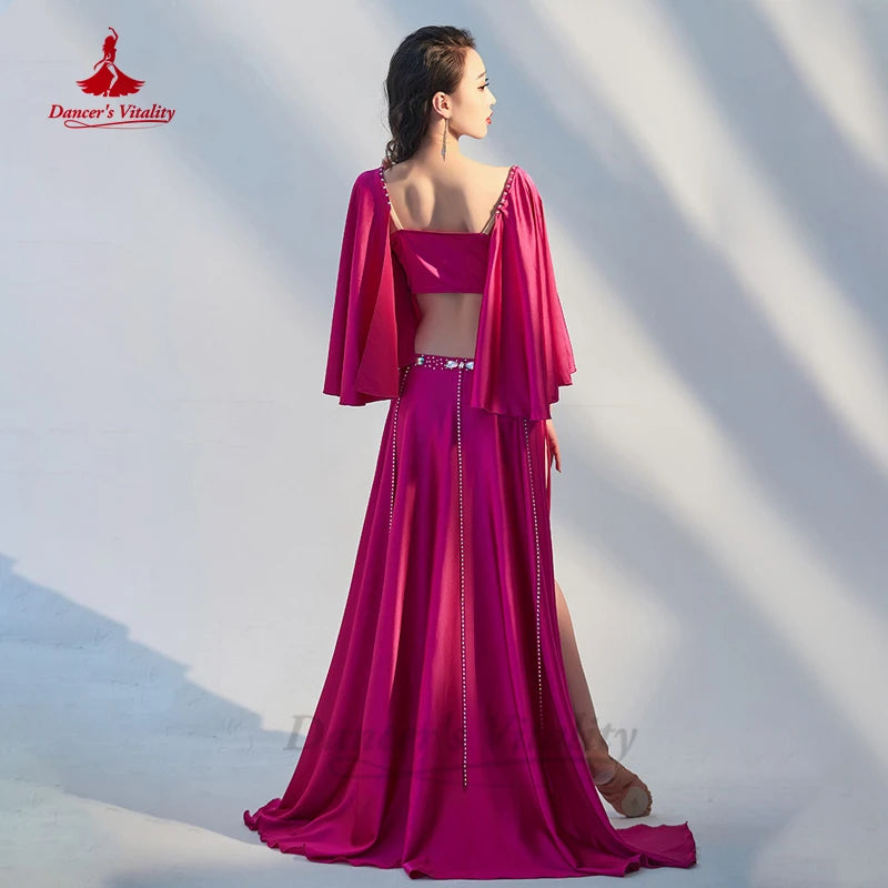 Belly Dance Costume Women's Magenta Satin Long Sleeve Top and High Slit Skirt Set with Rhinestone Trim