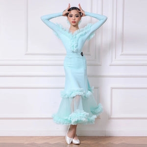 Ballroom Dance Dress Girls Black Off-Shoulder Ruffle Mesh Polka Dot Latin Dance Dress, Ballroom Dance Dress Girls Light Blue Off-Shoulder Ruffle Mesh Latin Dance Dress