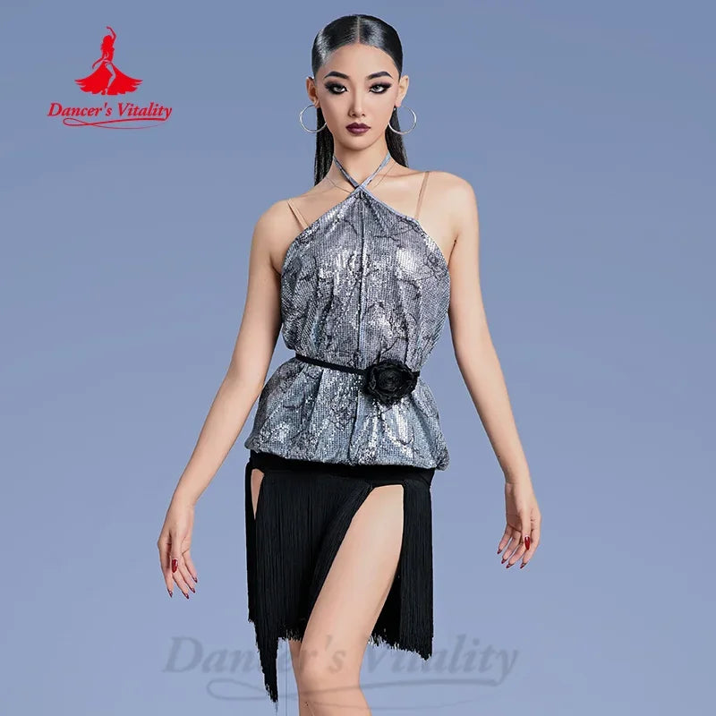Women's Silver Sequin Halter Top & Black Fringe Latin Dance Skirt Set