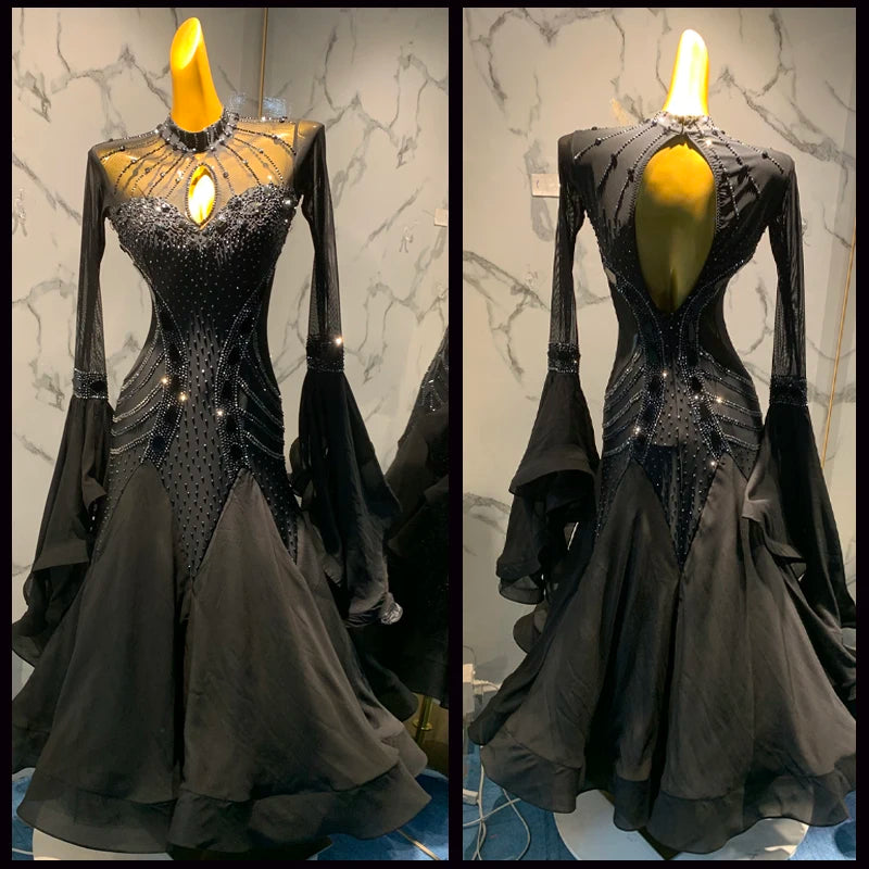 Women's Black Embellished Mesh Ballroom Dance Competition Dress with Keyhole Neckline and Open Back