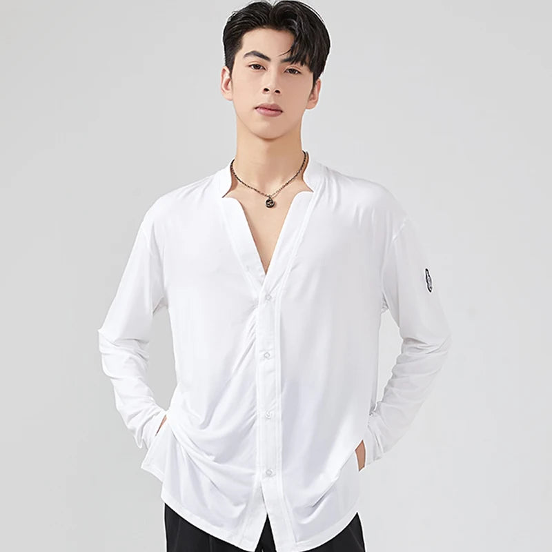 Men's Black Loose Fit V-Neck Long Sleeve Shirt for Ballroom Dance