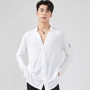 Men's Black Loose Fit V-Neck Long Sleeve Shirt for Ballroom Dance