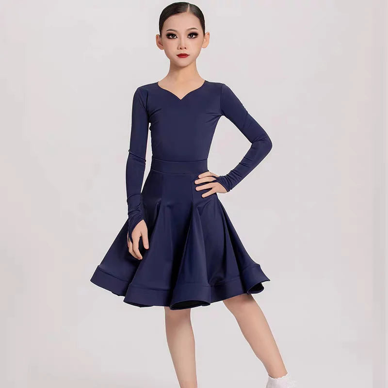 Girls' Navy Blue Long Sleeve V-Neck Ballroom Latin Dance Dress with Finger Loops