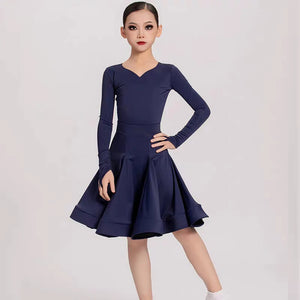 Girls' Navy Blue Long Sleeve V-Neck Ballroom Latin Dance Dress with Finger Loops