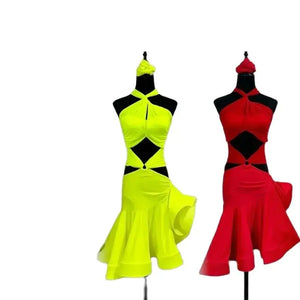 Latin Dance Dress Women's Black Neon Yellow Red Halter Cutout Knot Detail Ruffled Hem Performance Costume