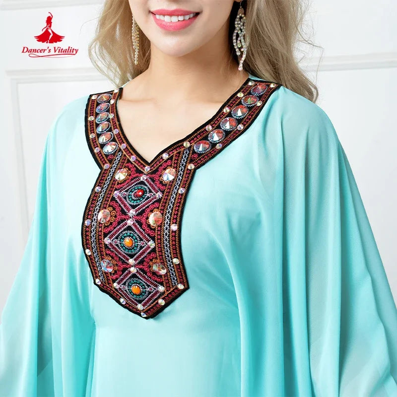 Women's Aqua Chiffon Embroidered V-Neck Kaftan Belly Dance Costume