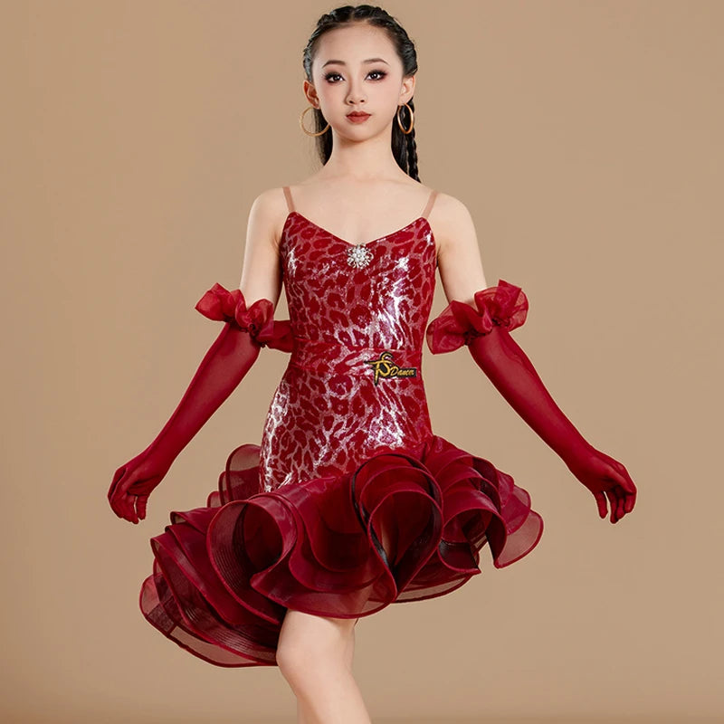 Latin Dance Dress Girls Red Leopard Print Ruffled Sleeveless Spandex Ballroom Costume, Latin Dance Dress Girls Blue Leopard Print Ruffled Sleeveless Spandex Ballroom Costume