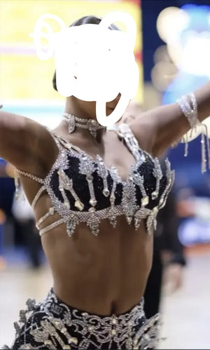 Women's Black & Silver Crystal Embellished Backless Latin Dance Dress