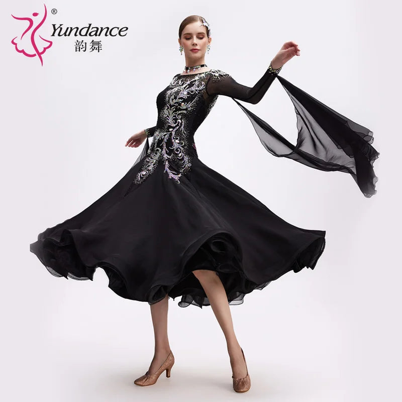 Women's Standard Ballroom Dance Dress Long Black Chiffon For Competition