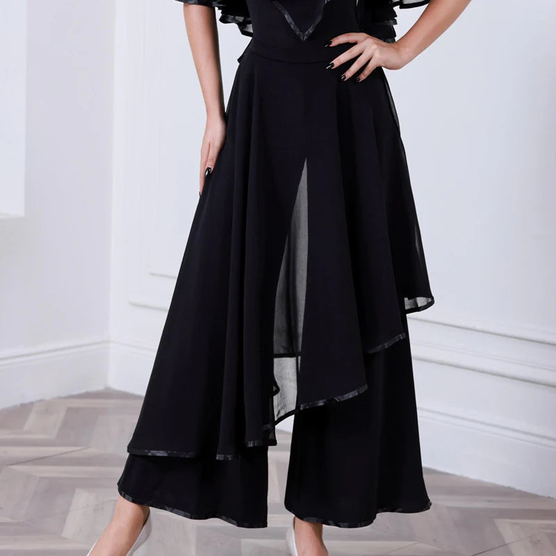 Women's Black Sheer Ruffle Ballroom Dance Top and Wide Leg Pants Set