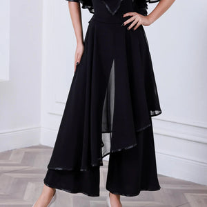 Women's Black Sheer Ruffle Ballroom Dance Top and Wide Leg Pants Set